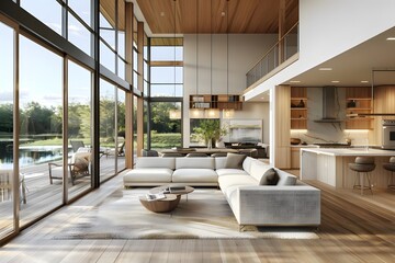 Modern Open-Plan Home Design with Stunning Lake Views and Luxurious Sectional Sofa, Featuring a Spacious Kitchen and High Ceilings,  Showcasing Natural Light and Wooden Accents.