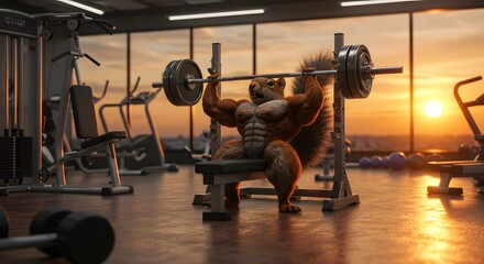 Fototapeta premium Squirrel Lifting Weights at Gym During Sunset Fitness Concept
