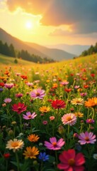 The warm sunlight casts a golden glow on a colorful patchwork of wildflowers, flowers, landscape, colors