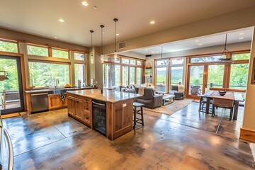 Stunning Open-Concept Home Design Showcases Expansive Kitchen Island, Modern Living Room, and Breathtaking Natural Views Through Large Windows, Creating a Serene and Luxurious Atmosphere.