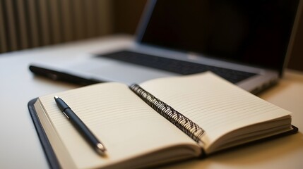 Fototapeta premium Open Spiral Notebook with Pen on Desk Near Laptop Workspace Organization Concept