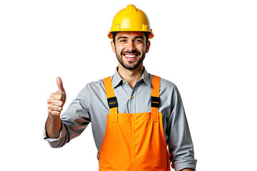 Smiling construction worker in hard hat and overalls gives thumbs up. Positive engineer, builder, tradesman. Isolated on transparent background. Industry, success, approval.