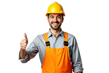 Smiling construction worker in hard hat and overalls gives thumbs up. Positive engineer, builder, tradesman. Isolated on transparent background. Industry, success, approval.