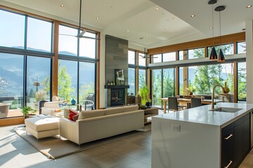 Modern Home Design: Luxurious Open-Plan Living Space with Stunning Mountain Views, Showcasing Large Windows and a Contemporary Fireplace, Creating a Serene Atmosphere.