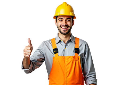 Smiling construction worker in hard hat and overalls gives thumbs up. Positive engineer, builder, tradesman. Isolated on transparent background. Industry, success, approval.