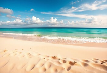 Sun-drenched sandy beach panorama, turquoise sea under cloudy sky , scenic, getaway