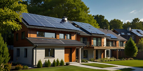 Modern homes with solar panels on the roofs, surrounded by greenery and featuring contemporary architecture.

