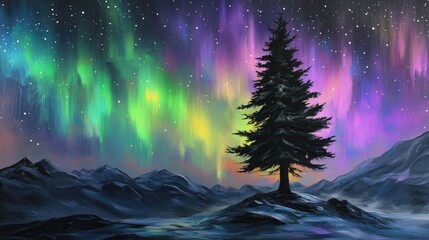 Obraz premium Mystical Northern Lights Over a Snowy Landscape