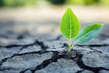 Green plant sprouting from cracked dry soil, symbolizing resilience in a drought-stricken environment