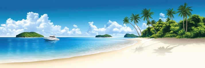 Serene Tropical Island Getaway: Yacht, Palm Trees, and Azure Waters