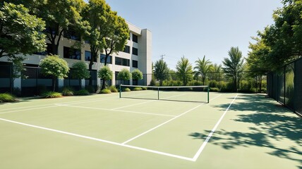 Outdoor Tennis Court Green Surface Modern Building Background