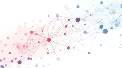 The image is an abstract representation of a network connection. It features numerous small, colored dots (nodes) of varying sizes and shades of red, pink, blue, and purple, connected by thin,