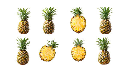 Fototapeta premium A collection of whole and halved pineapples are arranged in two rows, showcasing texture for tropical fruit marketing, isolated on a transparent