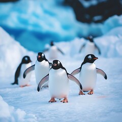Fototapeta premium Penguins huddling on ice amid a glowing arctic backdrop high-resolution picture