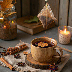 A tea bag constructed from autumn leaves, cinnamon sticks, and dried herbs.