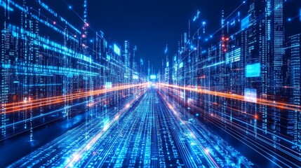 Futuristic Network Hub with Digital Data Streams