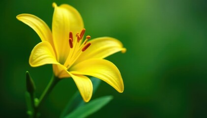 Fototapeta premium Yellow lily with delicate green stem and leaves, pollen, leaf, nature
