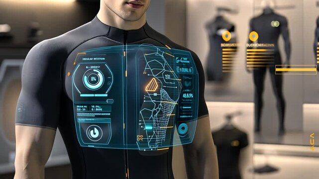 Futuristic fitness apparel showcasing advanced technology and biometric data display system