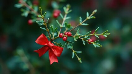 Fototapeta premium A delicate sprig of mistletoe adorned with a tiny red bow, mistletoe, tiny