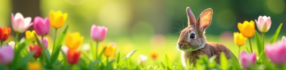 Fototapeta premium Bunny peeking out from behind a patch of colorful flowers, spring, easter