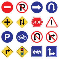 Traffic signs illustration set. Includes of road signs, stop sign, speed limit, pedestrian crossing, traffic light, and More. Vector flat color collection