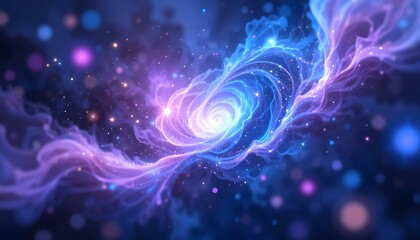 Obraz premium Vibrant abstract cosmic nebula background with glowing purple and blue swirling energy, stardust, and bokeh lights, ideal for science, technology, or fantasy themes. - Imagination Studio