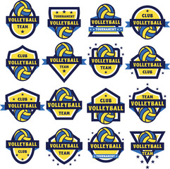 Obraz premium Volleyball badges illustration set. Includes of volleyball emblem, volleyball logo, sports badge, team badge, and More. Vector flat color collection