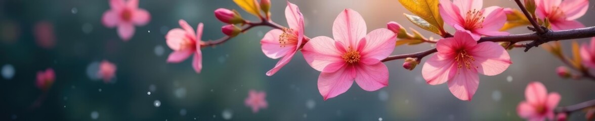 Obraz premium Soft pink petals falling from a branch in the rain, fresh flowers, flower fall, garden blooms