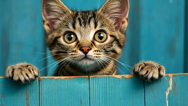 Adorable Tabby Kitten Peeking Over a Blue Fence with an Innocent Expression