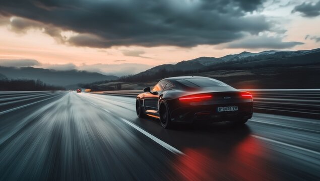 Fast sports car on a wet highway at sunset