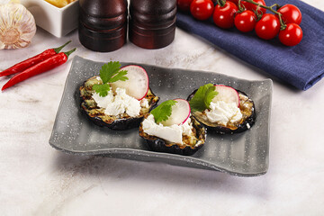 Grilled eggplant with cheese and radish