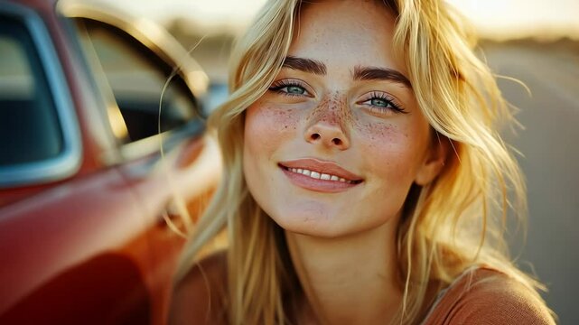 Golden Hour Portrait: Freckled Beauty by a Classic Car