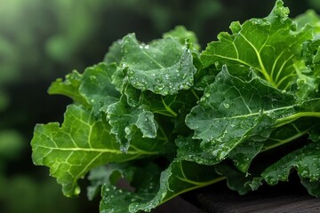 A Bunch Of Organic Kale With Deep Green Leaves, Freshly Harvested And Still Wet With Dew