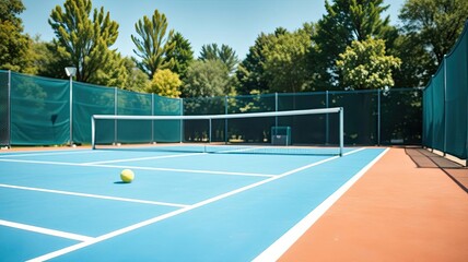 Sunny Day Tennis Court Blue Surface Green Trees Outdoors