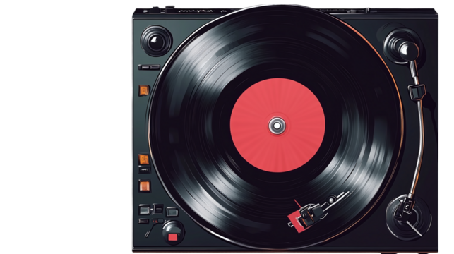 DJ turntables with spinning vinyl records, isolated on transparent background