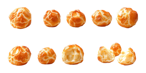 Ten peeled mandarin orange segments and whole sections are scattered across a white surface offering bright citrus visual appeal for marketing.