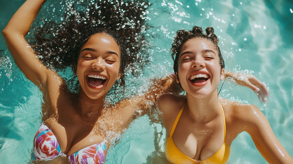 Teen girls having fun in the pool. Party. Summer vacation in the water park.