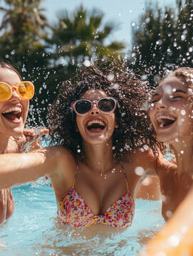Teen girls having fun in the pool. Party. Summer vacation in the water park.
