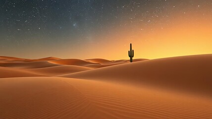 Serene Desert Landscape at Sunset with Cactus under Starry Sky