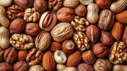 A close up view of a variety of nuts scattered around