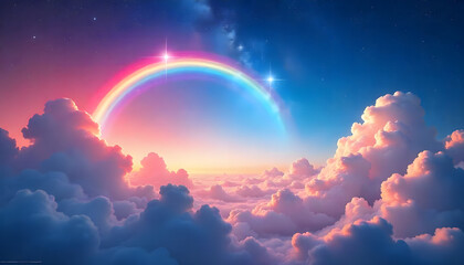 Magical Fantasy Sky with Vibrant Rainbow and Dreamy Pastel Clouds