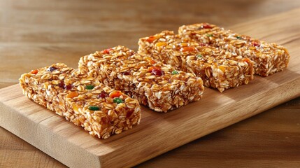 Homemade Golden Brown Granola Bars on Wooden Cutting Board
