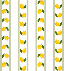 Seamless lemon pattern with green leaves and vertical stripes on a white background. Fresh, vibrant citrus design, perfect for textiles, wallpapers, and packaging.