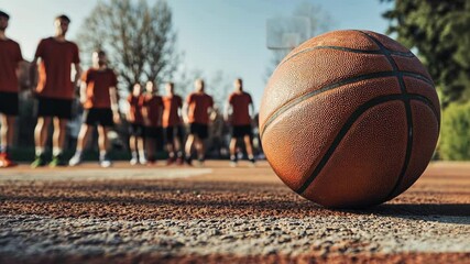 Team members prepare for practice on a sunny day at an outdoor basketball court - Powered by Adobe