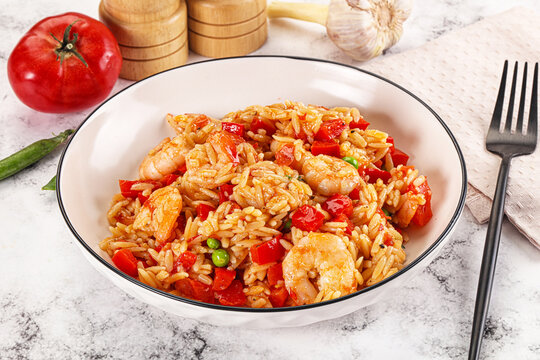 Italian pasta orzo with prawn