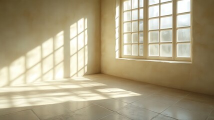 Sunlit Empty Room with Beige Walls and Tiled Floor