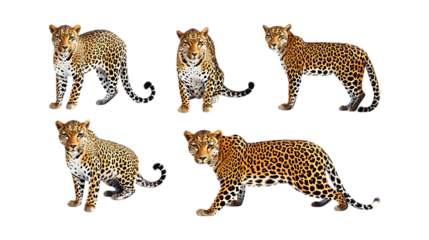 A collection of five leopard big cats showing various poses and standing isolated on a transparent background for wildlife design.