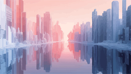 A digital rendering depicts a stylized cityscape reflected in calm water. The color palette is predominantly pastel pinks and blues, with the sunrise creating a soft, ethereal glow.  The buildings