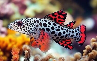 Fototapeta premium Colorful leopard fish swimming in vibrant coral reef with exotic marine life and stunning underwater scenery showcasing biodiversity