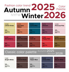 Fashion color trends Autumn Winter 2025-2026. Palette fashion colors guide with named color swatches, RGB, HEX colors